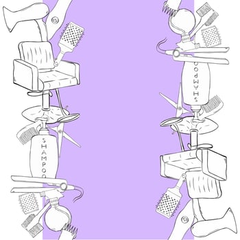 Hairdressing tools Salon seamless vertical border frame template. graphic line ink illustration. Hair salon accessories outline, hair dryer, comb, scissors and abstraction. vector