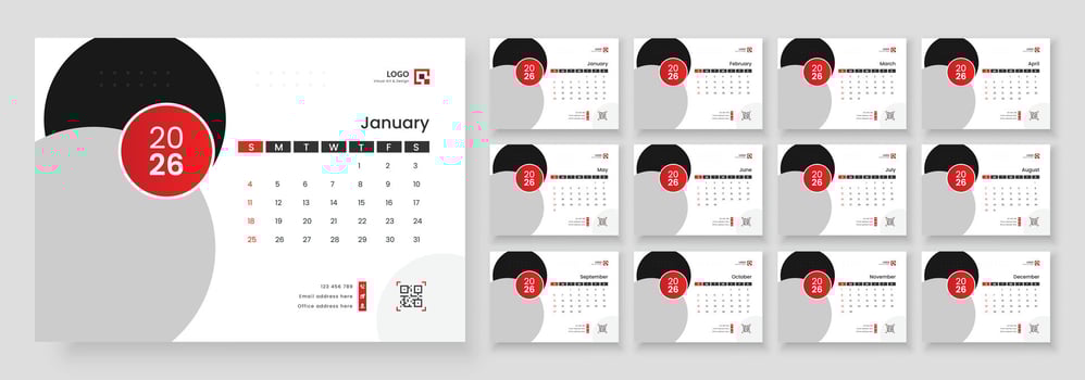 New Year 2026 table calendar, Minimalist desk calendar 2026 template. vector