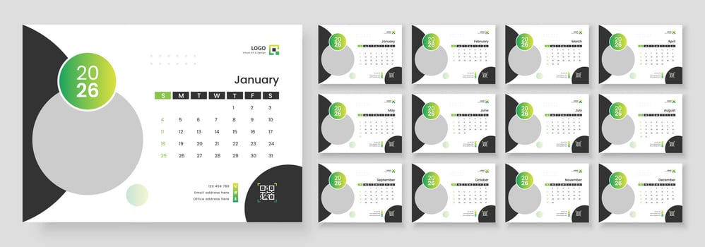 2026 desk calendar design template, 12 month corporate table calendar design, Calendar template for 2026 vector