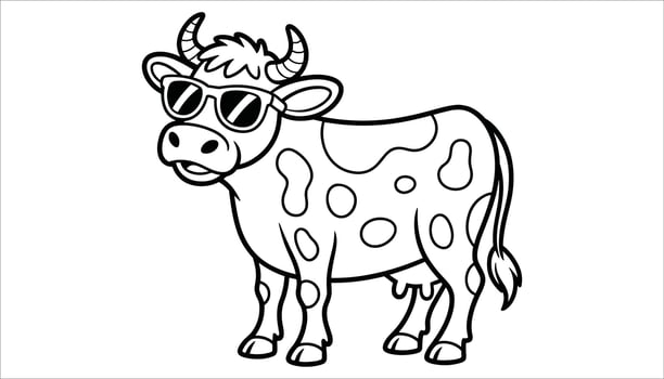Cool Cow Coloring Page Cartoon Farm Animal with Sunglasses Illustration vector