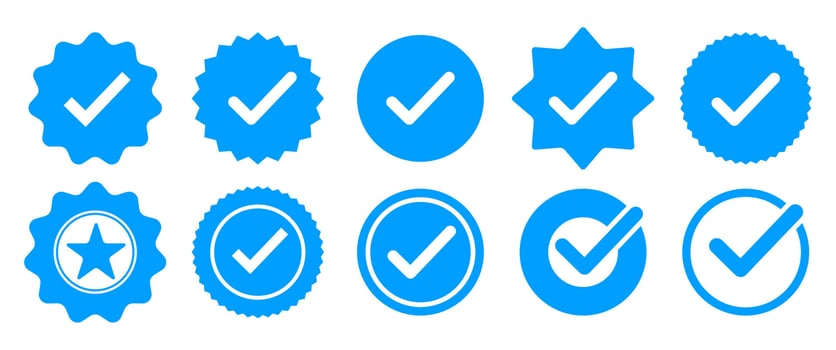 Blue Verifide icon set, Isolate Identify symbol, Approve icon, Check mark sticker and graphic elements, Premium medal, Subscription, Award ilustration. vector