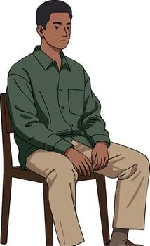 Man Sitting on Wooden Chair Wearing Green Shirt and Beige Pants Illustration vector