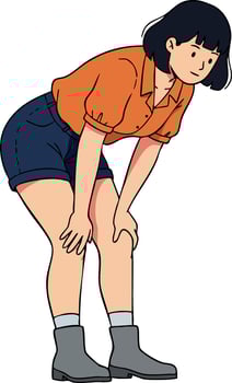 Young woman bending forward wearing orange shirt and navy shorts illustration vector