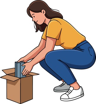 Woman in yellow shirt and blue jeans packing box with books or items illustration vector