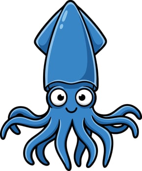 Blue squid cartoon character with smiling face underwater sea creature illustration vector
