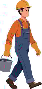 Construction worker walking with paint bucket in orange and blue workwear illustration vector