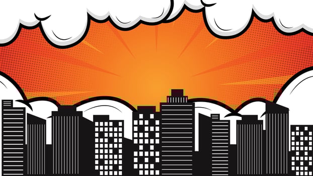 Bold pop art style city skyline silhouette with dramatic orange sunburst sky and comic clouds, perfect for retro themed backgrounds, posters, and creative projects vector