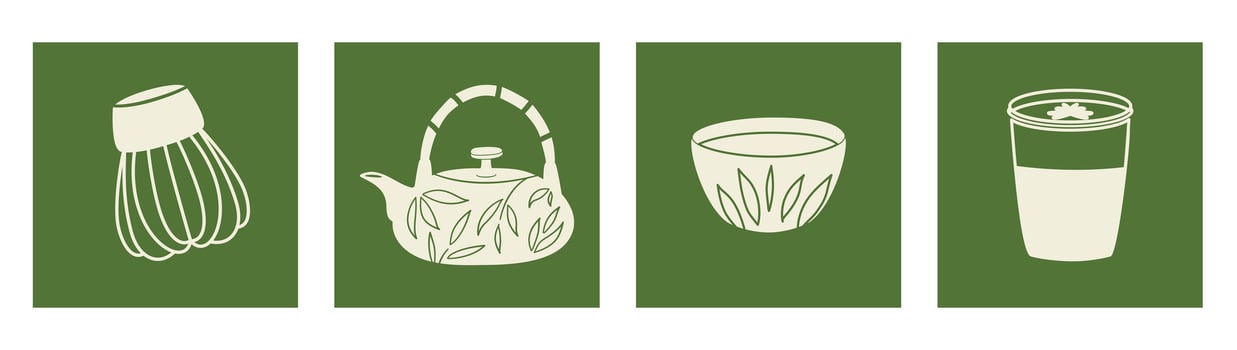 Matcha tea set with cup, whisk, latte, and teapot in green tones. Ideal for cafes, tea brands, packaging, and designers inspired by Japanese tea culture. vector