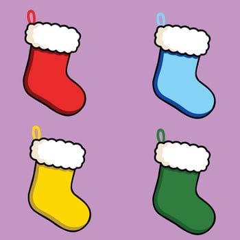 Four colorful christmas stockings with fluffy white trim on a purple background vector