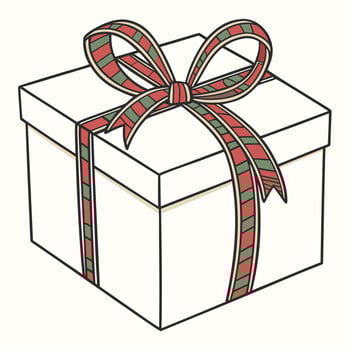 A white box with a red and green ribbon tied around it vector