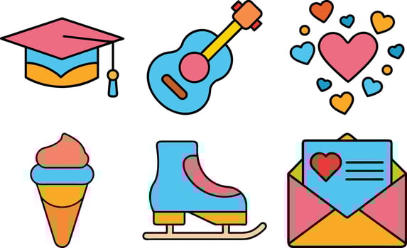 Assorted Cute Icon Collection Featuring Graduation Cap Ukulele Hearts Ice Cream Skate and Love Letter Symbolizing Celebrations Hobbies and Affection vector