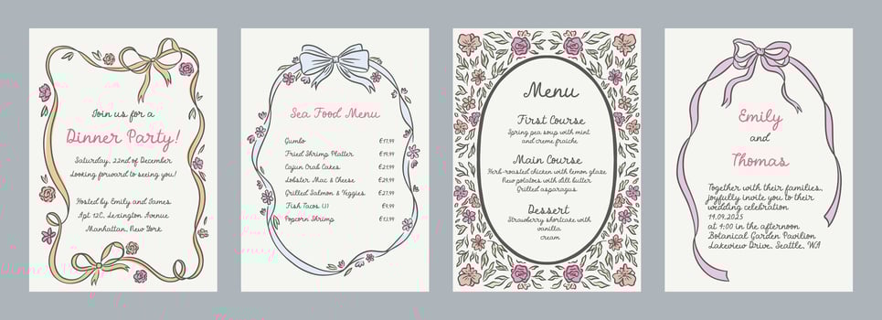 Dinner party invitation and menu designs vector