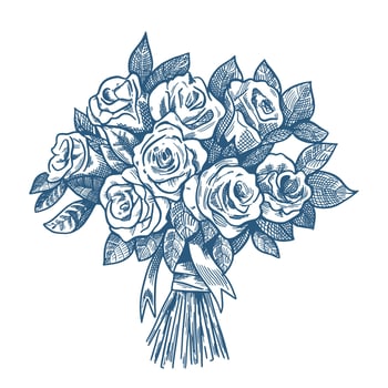 Toile de Jouy inspired wedding bouquet illustration. Wedding hand dawn ceremony icon. Elegant line art minimalist venue sketch. Elements for wedding, monogram, invitation, greeting, birthday card. vector