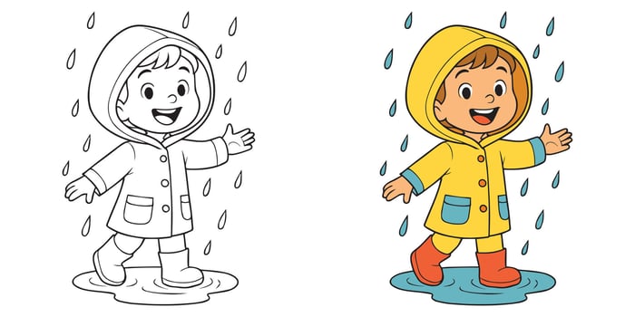 Coloring book of happy young kid in raincoat on a white background. illustration vector