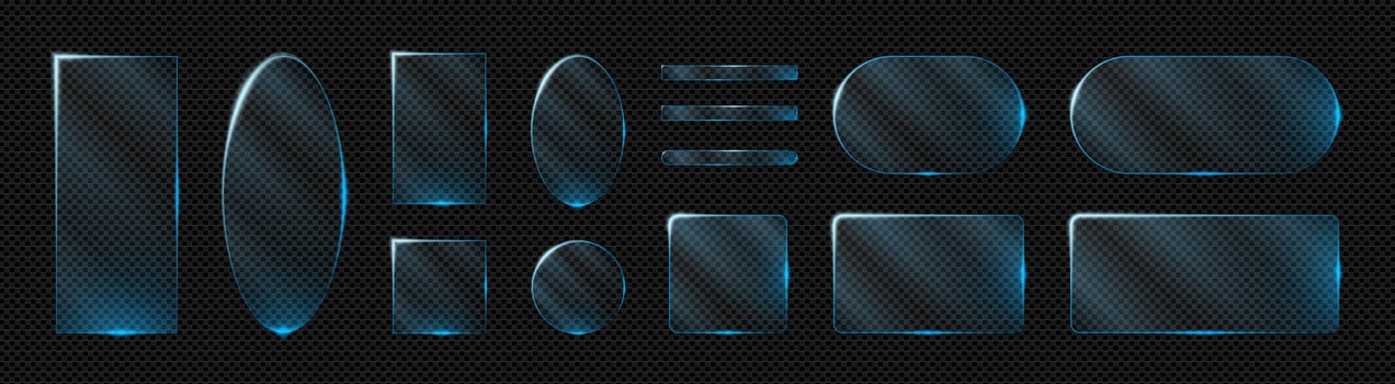 Futuristic glass frame collection with blue neon glow. squares circles rectangles and octagons for tech banners game UI templates and modern digital signage with bright electric highlights vector