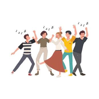 people dancing, having fun together. Young men and women characters group, celebrating event with joy. Flat cartoon illustration vector