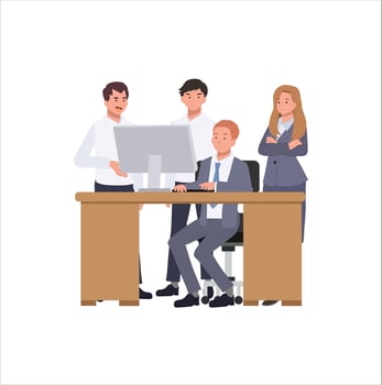 Business concept. Businessman and woman working together, team discussion in front of computer. Flat cartoon illustration vector