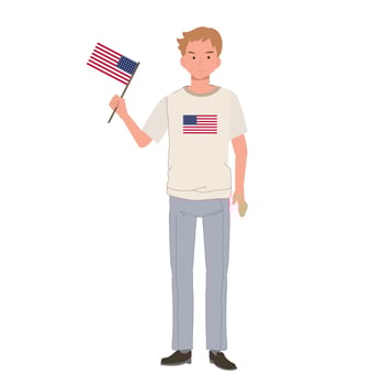 USA 4th july independence day concpet. american man holding american flag to celebrate. Flat cartoon illustration vector