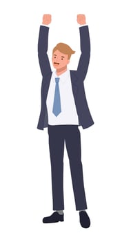 Happy businessman raises his hands up in joy. victory.Flat cartoon illustration vector