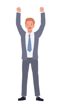 Happy businessman raises his hands up in joy. victory. Flat cartoon illustration vector