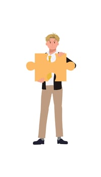 Businessman holding a big jigsaw puzzle piece. Flat cartoon illustration. vector