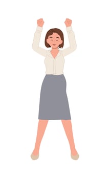 Full Length Businesswoman Winner Success. Business Woman Excited Hold Hands Up Raised Arms,Flat cartoon Illustration vector