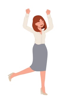 Full Length Businesswoman Winner Success. Business Woman Excited Hold Hands Up Raised Arms, Flat vector