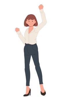 Full Length Businesswoman Winner Success. Business Woman Excited Hold Hands Up Raised Arms, Flat cartoon Illustration vector
