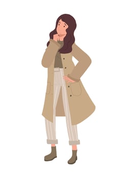 Full length of thinking woman, curious , wonder, making decision. Flat cartoon illustration vector
