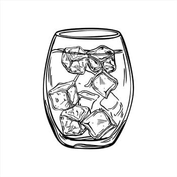 Glass with refreshing drink and ice cubes monochrome illustration painted by black inks. Cold soda, tonic or water shot etching drawing. Pure beverage for bar menus, healthy lifestyle poster vector