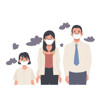 Family wearing masks on their faces because of smoke pollution, people protecting health from city pollution, Flat cartoon illustration vector