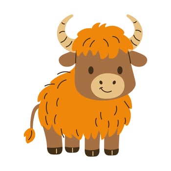 Adorable cartoon yak illustration with shaggy orange fur and curved horns, ideal for children's books, wildlife education, and mountain animal designs vector