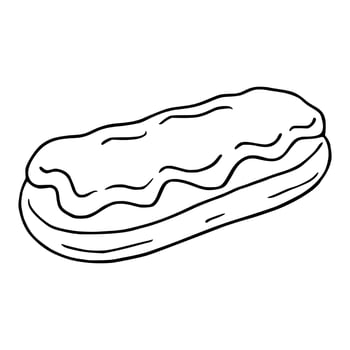 A illustration of a single eclair pastry with wavy icing, depicted in a hand-drawn style with bold black outlines against a white background, showcasing a simple yet appealing design suitabl... vector