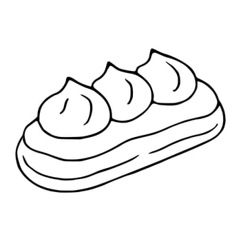 A illustration of a single eclair pastry with three swirls of cream topping, depicted in a minimalist hand-drawn style with bold black outlines against a white background. vector