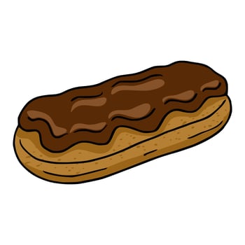 A illustration of a delicious eclair pastry with a rich chocolate topping, showcasing a hand-drawn style with textured brown and dark brown tones. vector