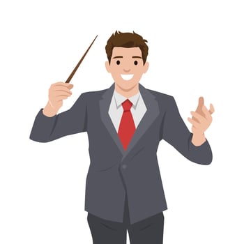 Businessman in a suit and red tie confidently performs magic with a wand in hand. vector