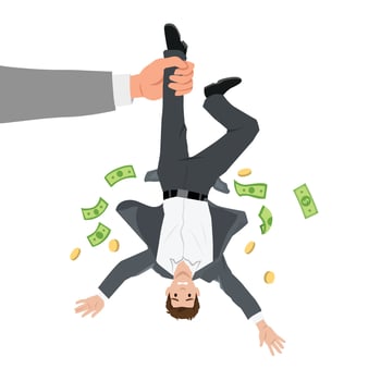 Businessman being held upside down by the leg, with coins and dollar bills falling from his pockets. vector