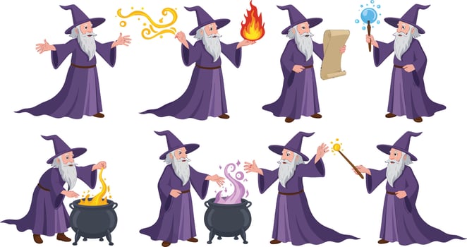 Eight Charming Cartoon Wizard Animations Performing Magical Actions in a Whimsical Setting - Professional digital artwork with vibrant colors and detailed composition vector