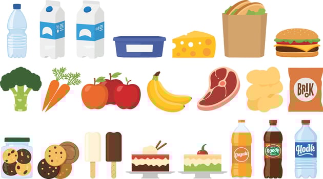 A Vibrant Collection of Healthy and Unhealthy Food Items Illustrated in a Cheerful Cartoon Style for Dietary Planning and Nutrition Education vector