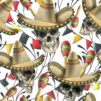 Mexican skulls and sombreros pattern vector