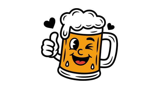 Cute Cartoon Beer Mug with Thumbs Up and Around The Hearts. vector