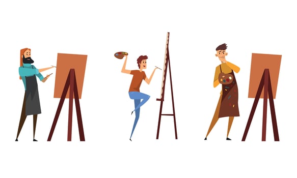 Man Artist Painting on Canvas or Paper with Drawing Easel Using Brush Set vector