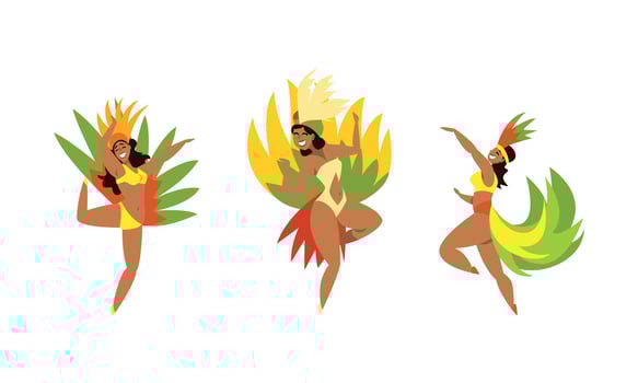 Brazilian Samba Dancer in Bright Feathered Costume Set vector