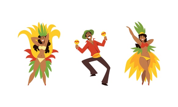 Brazilian Samba Dancer in Bright Feathered Costume and Musician Playing Maraca Set vector