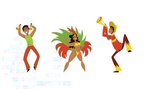 Brazilian Samba Dancer in Bright Feathered Costume and Musician Playing Maraca and Trumpet Set vector