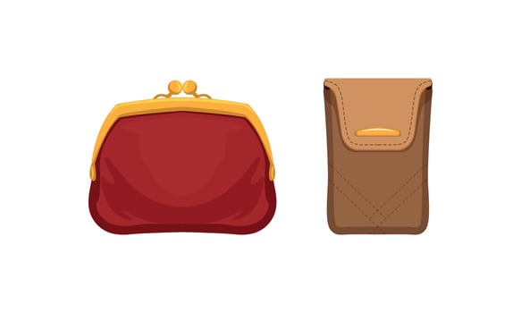 Purse and Wallet as Small Pouch for Carrying Coins and Currency Set vector
