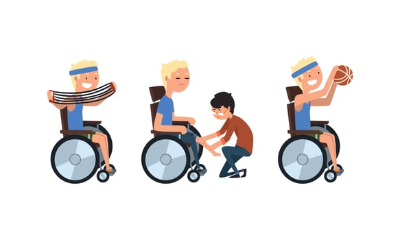 Blond Man with Disability in Wheelchair Strengthen Muscle Doing Physical Exercise Set vector