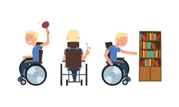 Blond Man with Disability in Wheelchair Playing Table Tennis and Drinking Cocktail Set vector