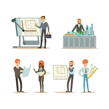 Architects Working on Architectural Plans Set, Male and Female Construction Engineers Creating New Projects Cartoon Illustration vector