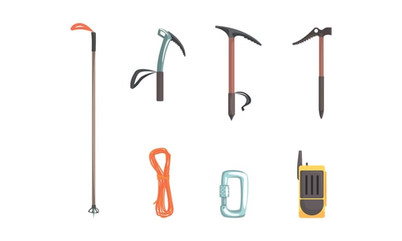 Mountaineering Equipment Set, Climbing Gear, Ice Ax, Cable, Carbine, Radio Transmitter Cartoon Illustration vector